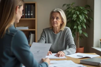 Femme adulte tenant un dossier d'adoption face à une assistante sociale dans un bureau administratif chaleureux