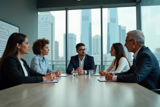 Groupe de professionnels divers réunis en réunion d'entreprise autour d'une table de conférence moderne, illustrant un problème de diversité en milieu de travail