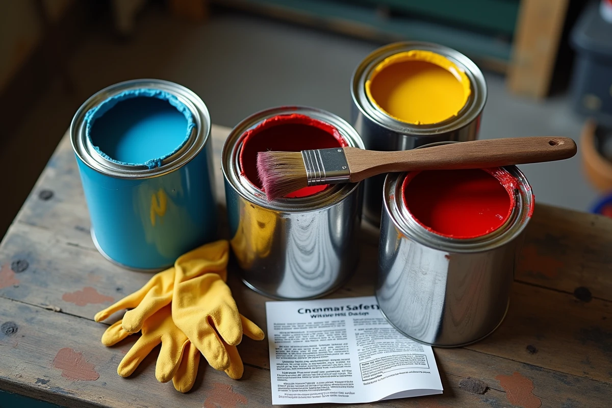 Gros plan sur des pots de peinture ouverts, des gants et une fiche de sécurité chimique sur un établi d'atelier