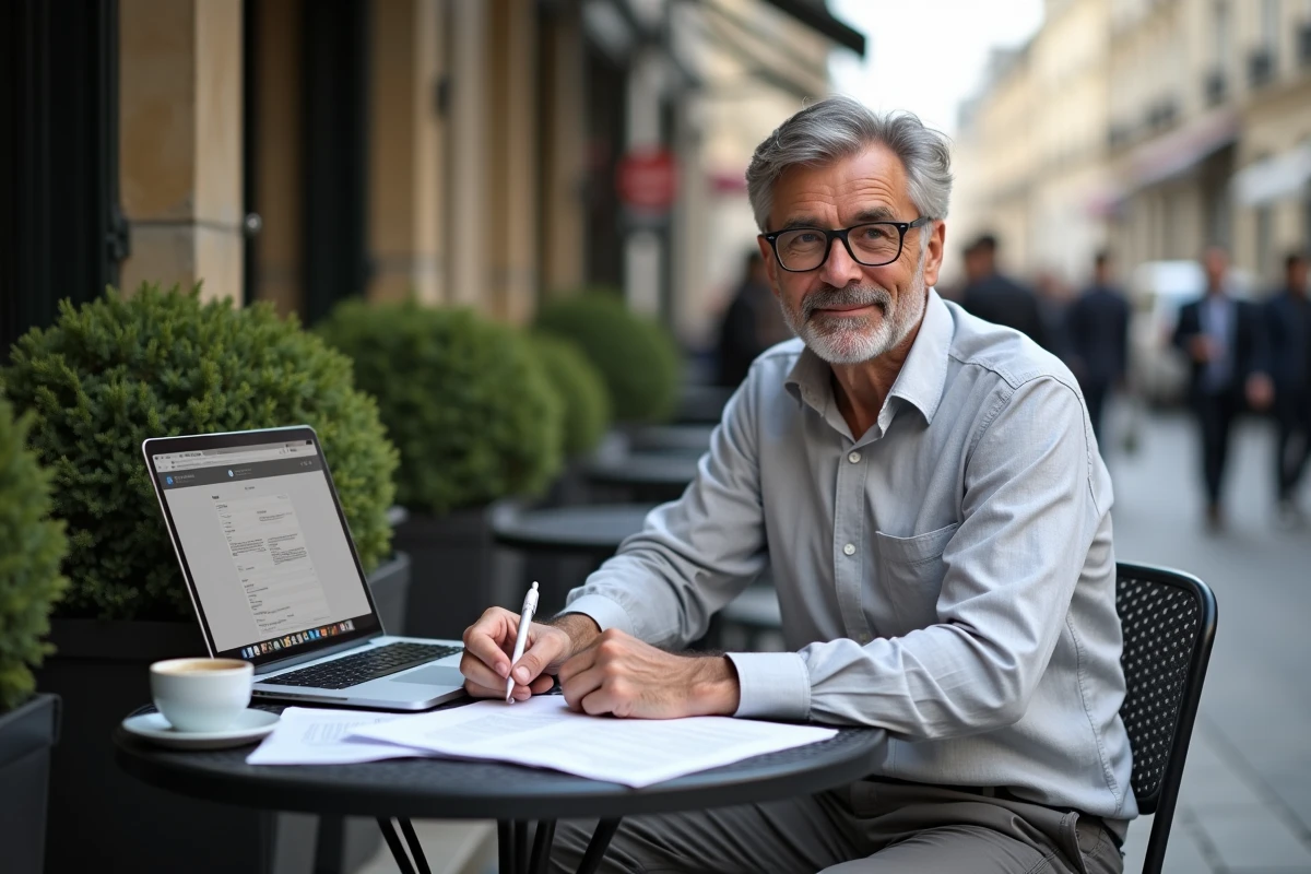 Propriétaire de café signant des formulaires administratifs en terrasse pour obtenir les autorisations d'ouverture