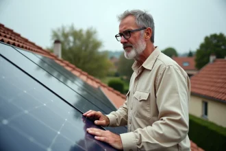 Propriétaire examinant des panneaux solaires installés sur le toit de sa maison individuelle en zone pavillonnaire française