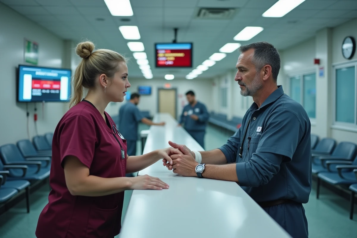 Une infirmière de triage orientant un patient aux urgences devant un tableau d'attente numérique, illustrant la réactivité et l'accès rapide aux soins.