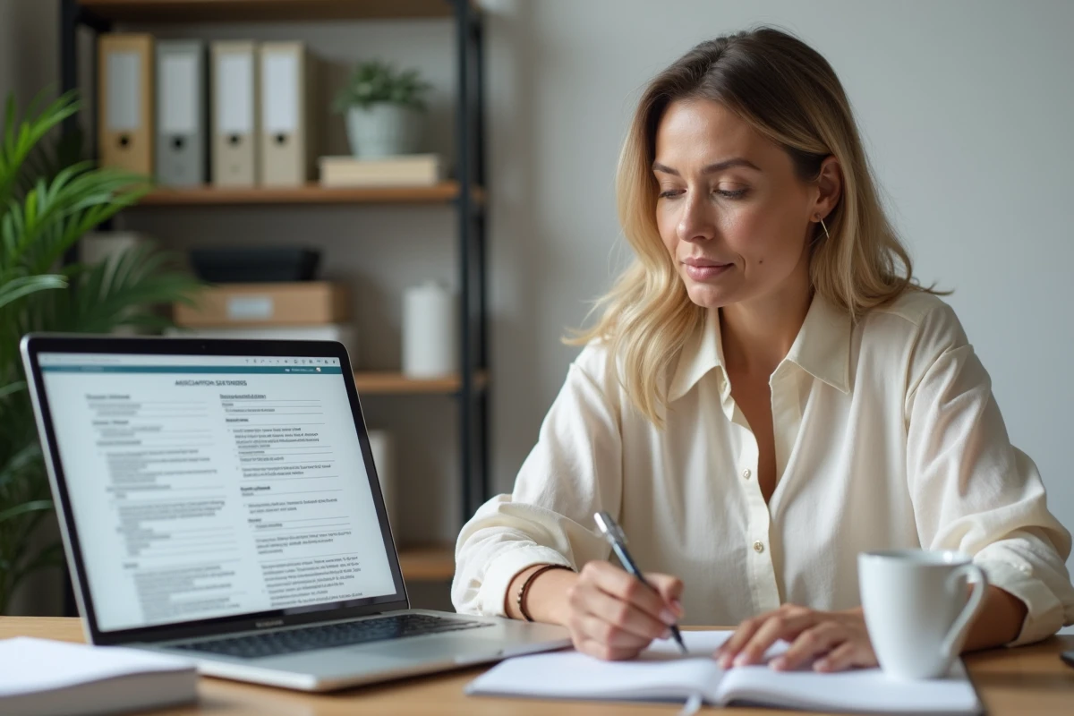 Femme en train de rédiger les statuts d'une organisation à son bureau à domicile avec un ordinateur portable et des documents administratifs