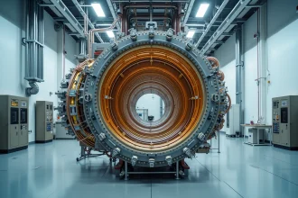 Réfrigérateur à dilution d'un ordinateur quantique suspendu dans un laboratoire de cryogénie avec câbles coaxiaux et anneaux métalliques dorés