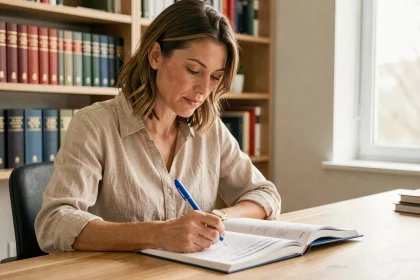 Femme concentrée écrivant dans un cahier de grammaire française sur un bureau en bois, illustrant l'apprentissage des accords grammaticaux comme inclus et incluse