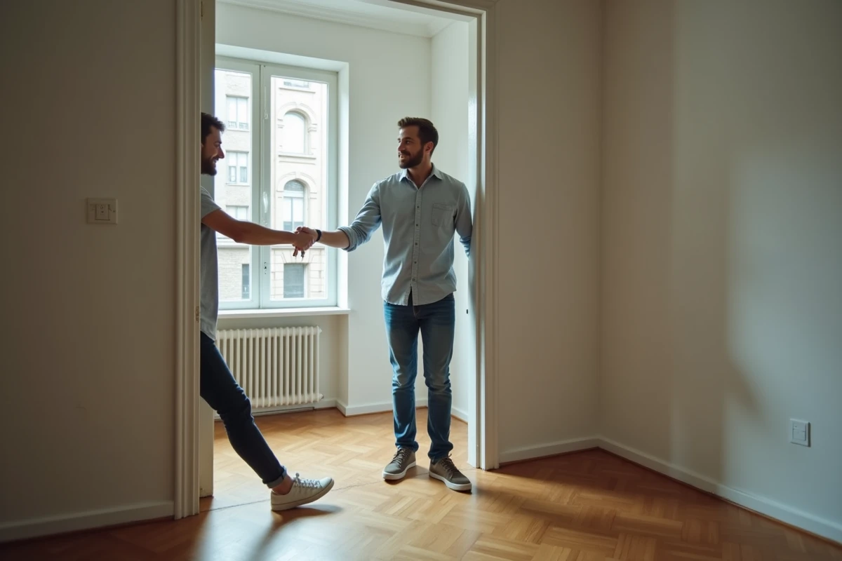 Propriétaire remettant les clés d'un appartement à un locataire lors d'un état des lieux
