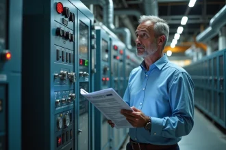 Responsable énergie tenant des documents ISO 50001 devant un tableau de contrôle industriel avec moniteurs de consommation énergétique