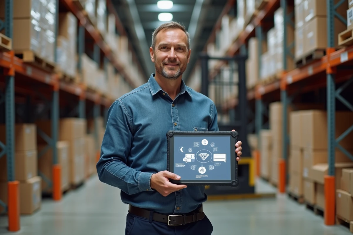 Un responsable logistique en entrepôt consultant une interface de traçabilité blockchain sur une tablette industrielle
