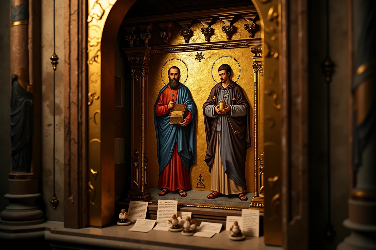 Retable baroque représentant les saints Côme et Damien, saints patrons des médecins, entouré d'ex-votos dans une chapelle catholique
