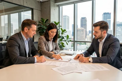 Réunion professionnelle autour de documents de passation de marchés dans un espace de co-working moderne