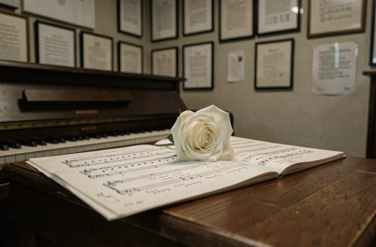 Rose blanche posée sur une partition musicale annotée sur un banc de piano, symbole de musique choisie pour des funérailles d'enfant