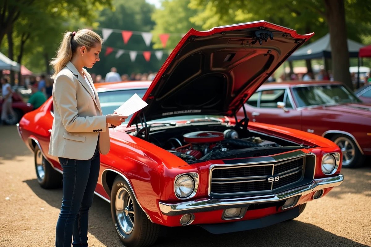 Femme examine le moteur d'une voiture américaine de collection lors d'un salon automobile vintage en plein air