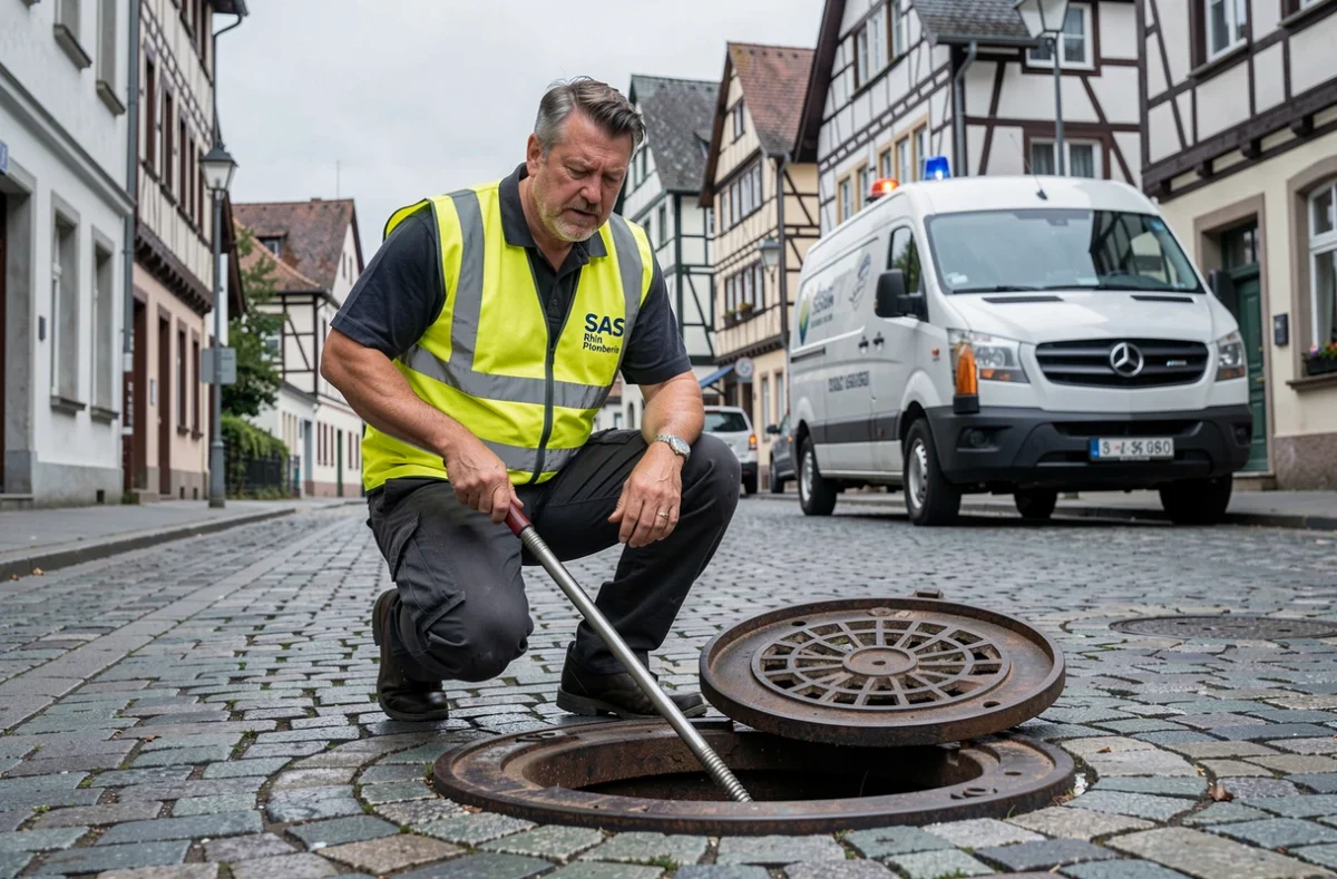 Plombier de SAS Rhin Plomberie dégageant une canalisation bouchée dans une rue résidentielle de Strasbourg
