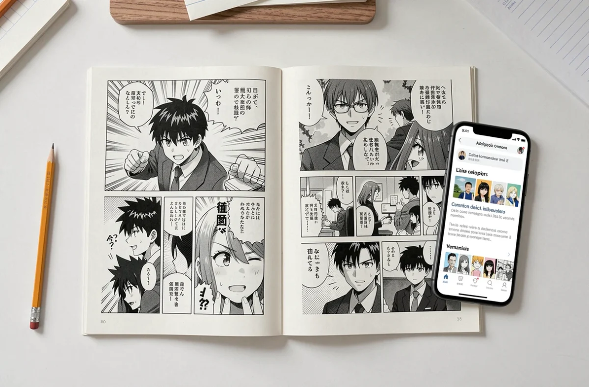 Vue aérienne de deux mangas ouverts en français sur un bureau avec un smartphone affichant une application de lecture de scans manga