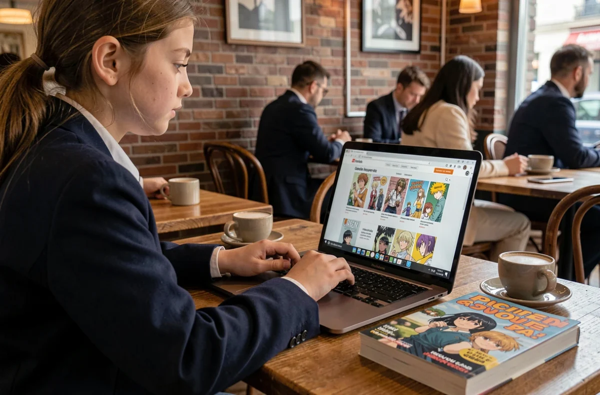 Adolescente lisant un scan de manga seinen en français sur un ordinateur portable dans un café urbain avec un manga physique posé à côté