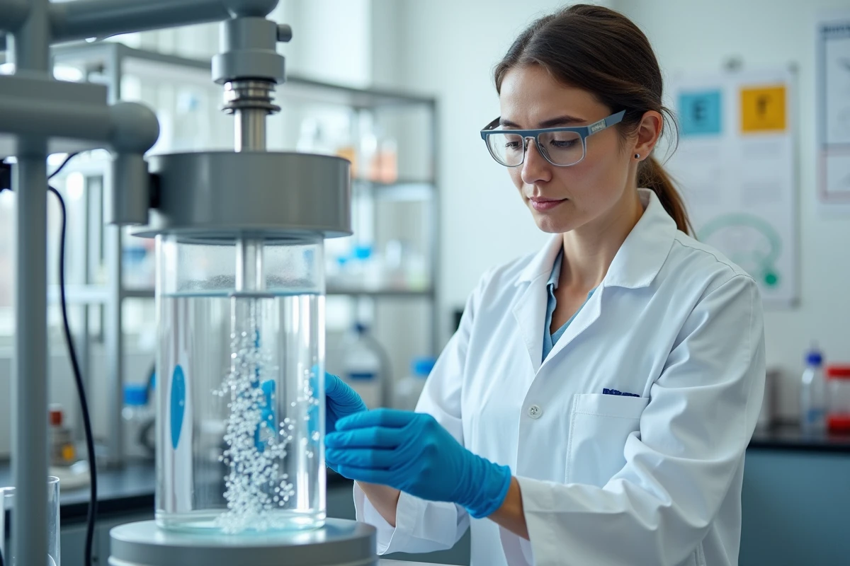 Scientifique réalisant une expérience d'électrolyse de l'eau pour produire de l'hydrogène en laboratoire, démontrant que l'hydrogène est un vecteur et non une source d'énergie