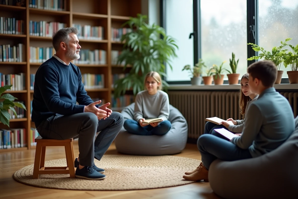 Conseiller pédagogique animant une séance de pleine conscience avec des adolescents dans une bibliothèque scolaire calme