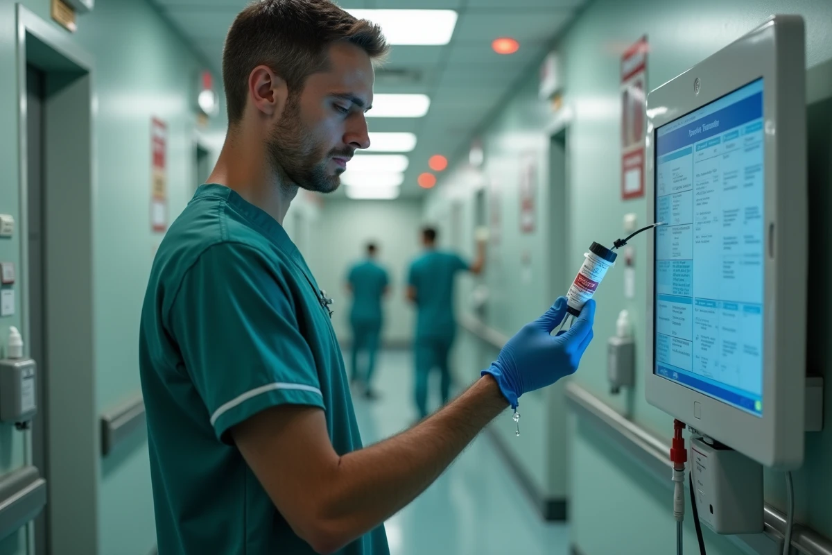 Un infirmier vérifiant minutieusement une perfusion intraveineuse et l'étiquette d'un médicament, illustrant la sécurité des soins comme critère fondamental.