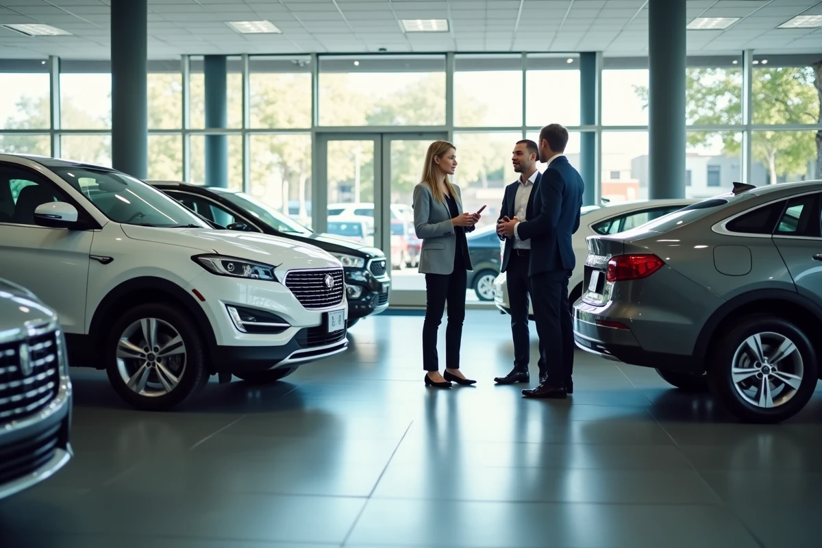 Showroom de concession automobile avec véhicules neufs exposés et une conseillère commerciale accueillant un client