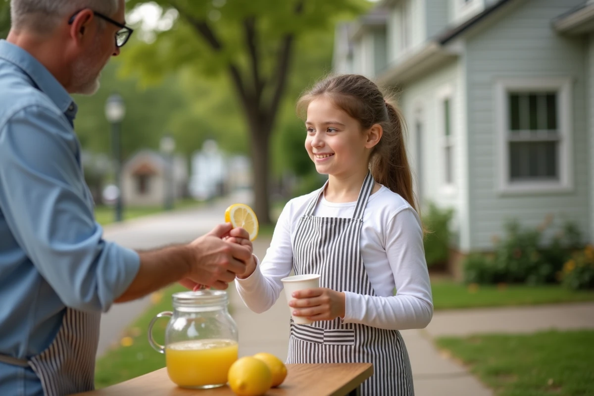 Jeune fille de 12 ans tenant un stand de limonade dans la rue, idée de petit boulot pour préadolescent