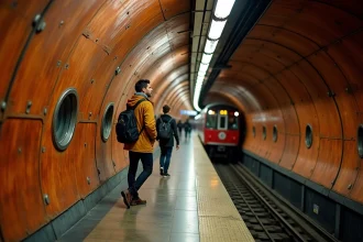 Station de métro Arts et Métiers à Paris avec ses murs en cuivre rivété style Jules Verne et des voyageurs sur le quai