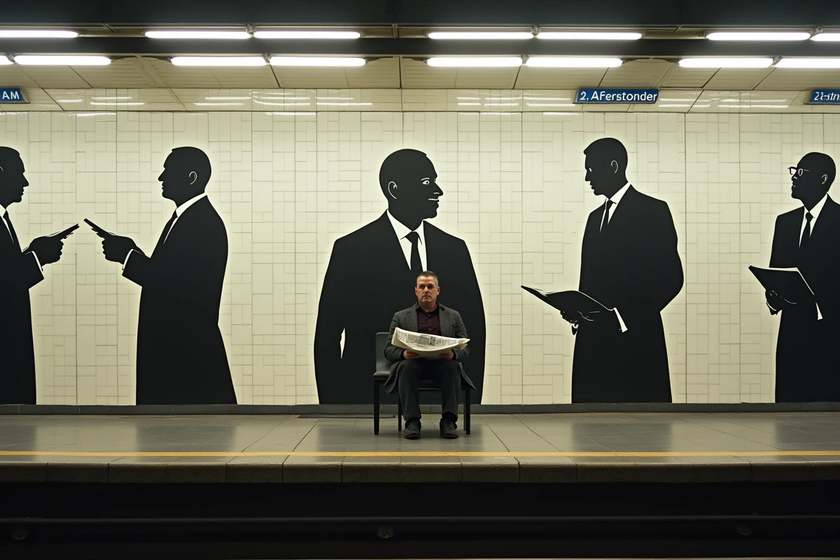 Quai de la station Assemblée Nationale à Paris avec ses grandes fresques de silhouettes parlementaires et un voyageur lisant un journal