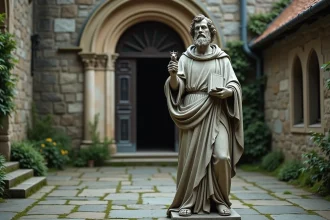 Statue de saint Luc l'Apôtre, saint patron des médecins et guérisseurs, dans une cour d'église en pierre ancienne