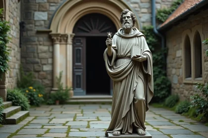 Statue de saint Luc l'Apôtre, saint patron des médecins et guérisseurs, dans une cour d'église en pierre ancienne