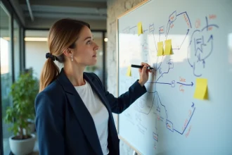 Femme d'affaires présentant une stratégie de développement sur un tableau blanc avec des schémas et des notes colorées dans un bureau moderne