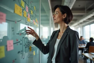 Femme cadre présentant une stratégie innovante sur un tableau blanc dans un bureau moderne