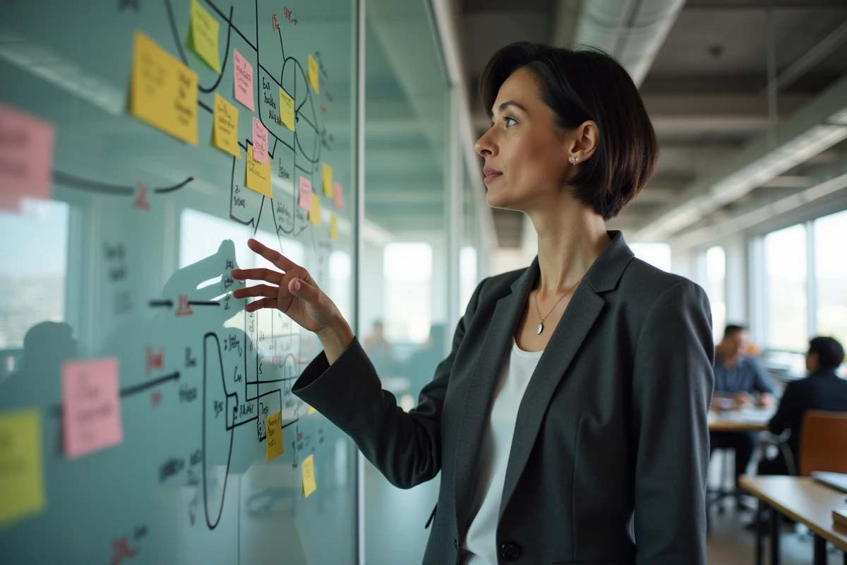 Femme cadre présentant une stratégie innovante sur un tableau blanc dans un bureau moderne