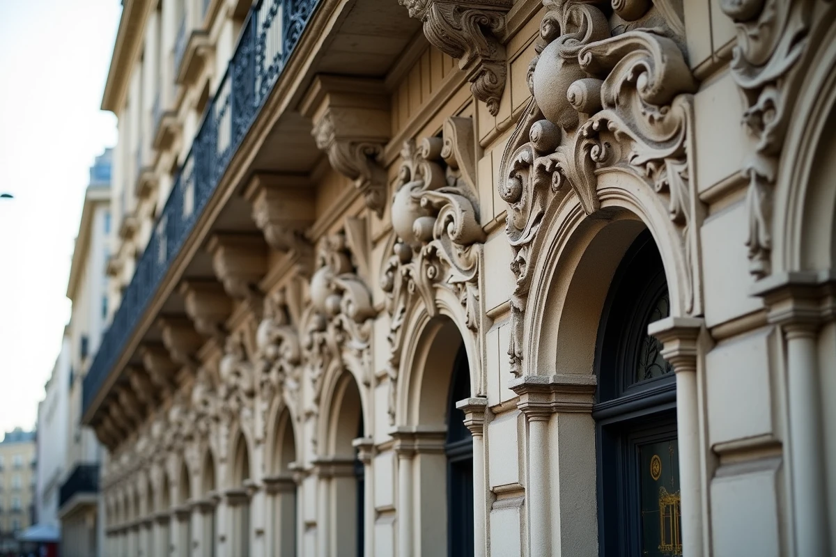 Façade haussmannienne ornée de sculptures en pierre, pilastres et balcons en fer forgé illustrant le style et l'ornement architectural