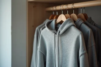 Sweat-shirt gris suspendu sur un cintre fin montrant des déformations aux épaules dans une armoire minimaliste