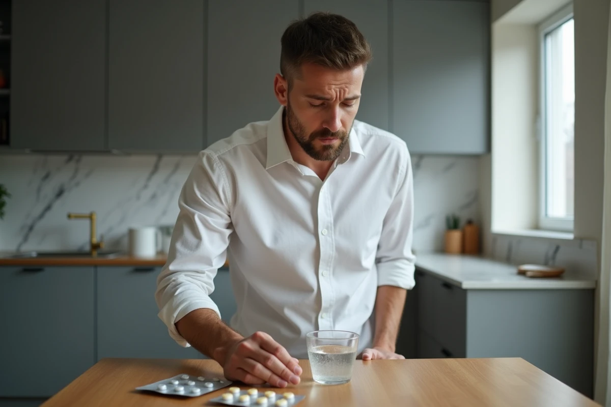 Homme préoccupé par des symptômes digestifs tenant des médicaments pour le syndrome du côlon irritable