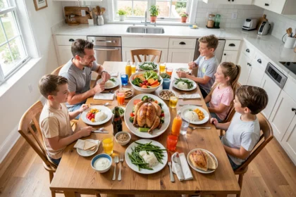 Table familiale avec un repas équilibré de poulet, haricots verts et riz