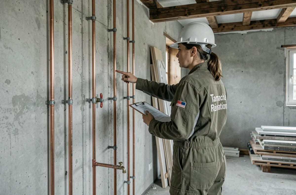 Spécialiste de Tamacha Rénovation inspectant une installation de plomberie en cours dans une maison alsacienne en rénovation
