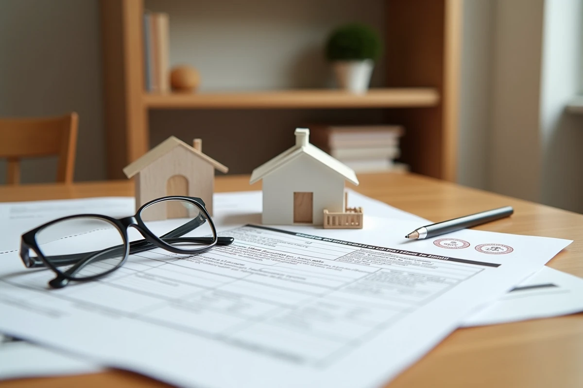 Document de taxe foncière et maquette de maison posés sur un bureau en bois illustrant l'impact fiscal des panneaux solaires