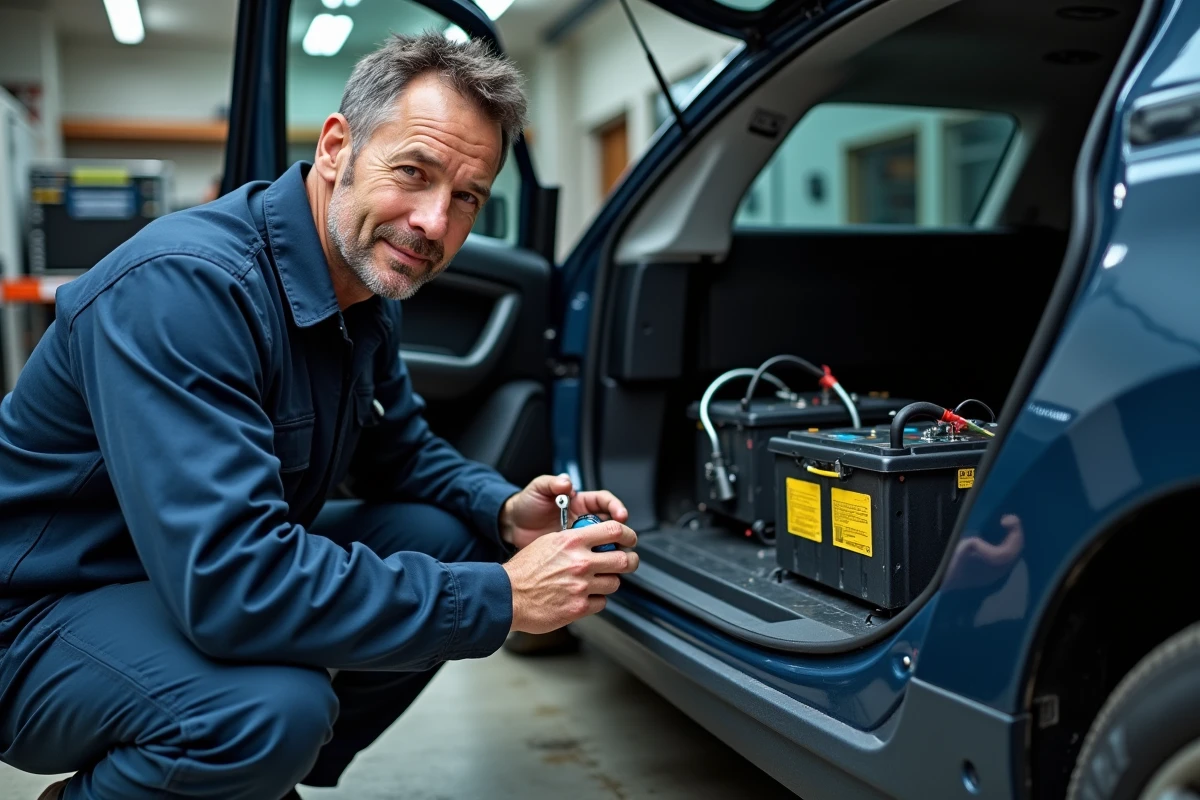 Technicien automobile inspectant la batterie haute tension d'une voiture hybride vieillie dans un atelier de mécanique, révélant les enjeux de maintenance liés à l'âge du véhicule