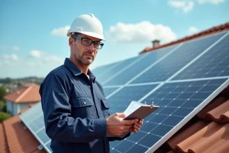 Technicien électricien inspectant des panneaux solaires sur un toit résidentiel avec un presse-papiers de documents techniques