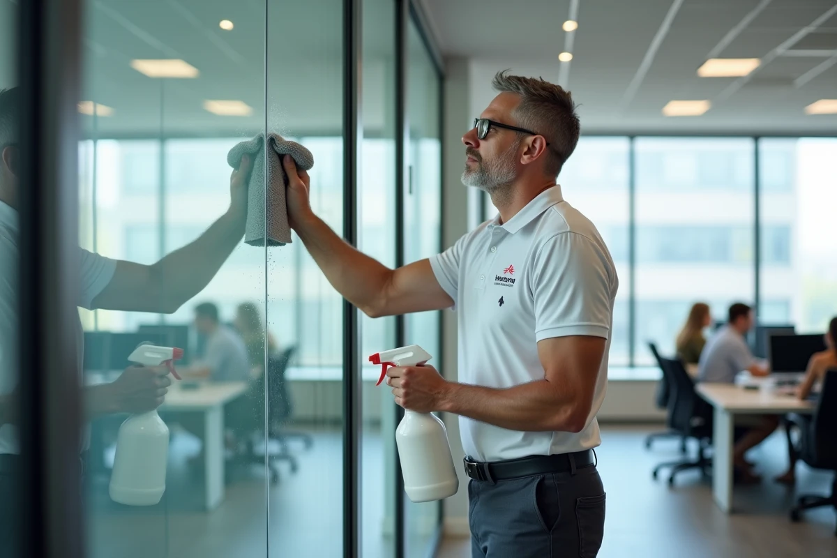 Technicien de nettoyage appliquant un produit chimique sur une vitre de bureau avec matériel professionnel adapté