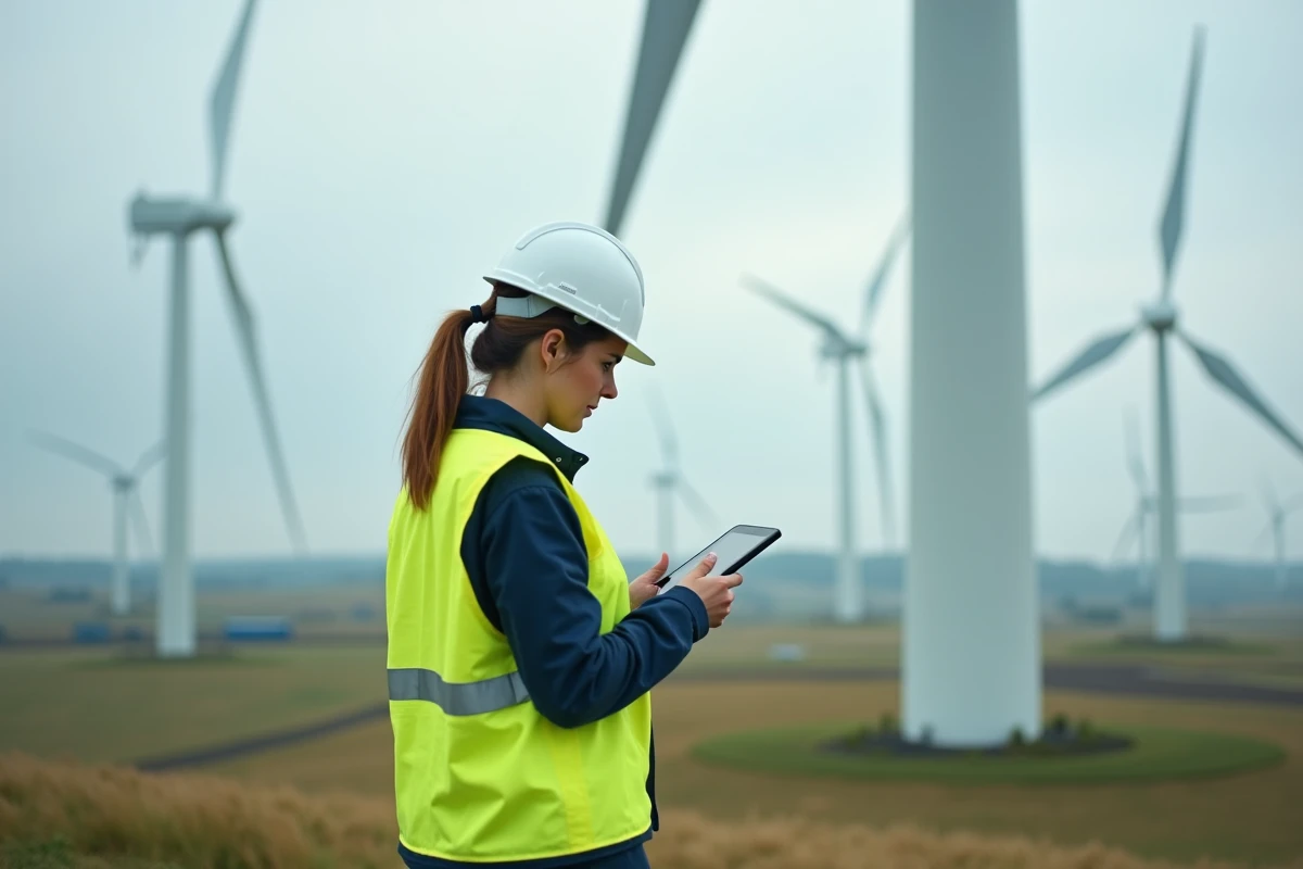 Technicienne en énergie éolienne inspectant une éolienne terrestre avec une tablette numérique