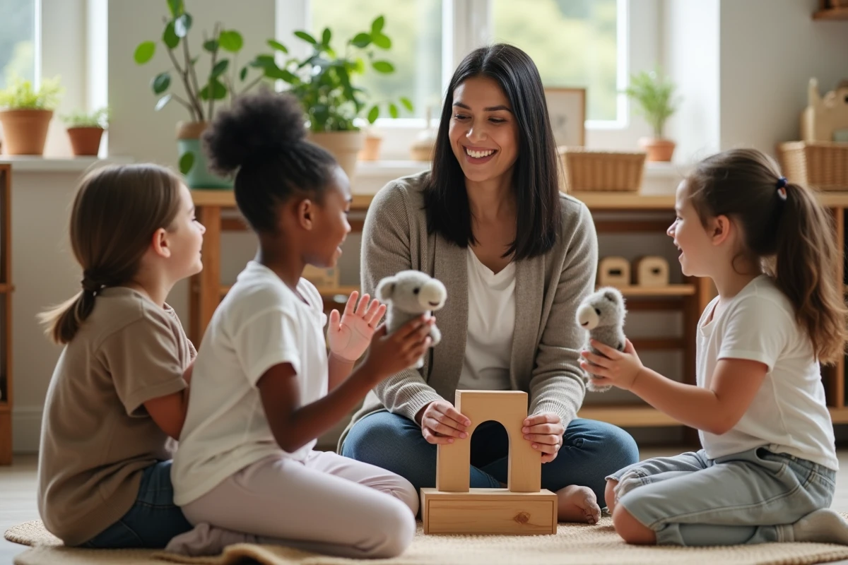 Enseignante accompagnant des élèves dans une activité de jeu de rôle avec des marionnettes dans une salle de classe inspirée Montessori, illustrant les théories pédagogiques du jeu