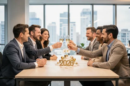 Équipe professionnelle portant un toast pour le Nouvel An 2026 dans un bureau moderne et élégant