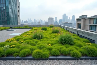 Toit végétalisé plat en milieu urbain recouvert de sedums et de graminées avec infrastructure visible