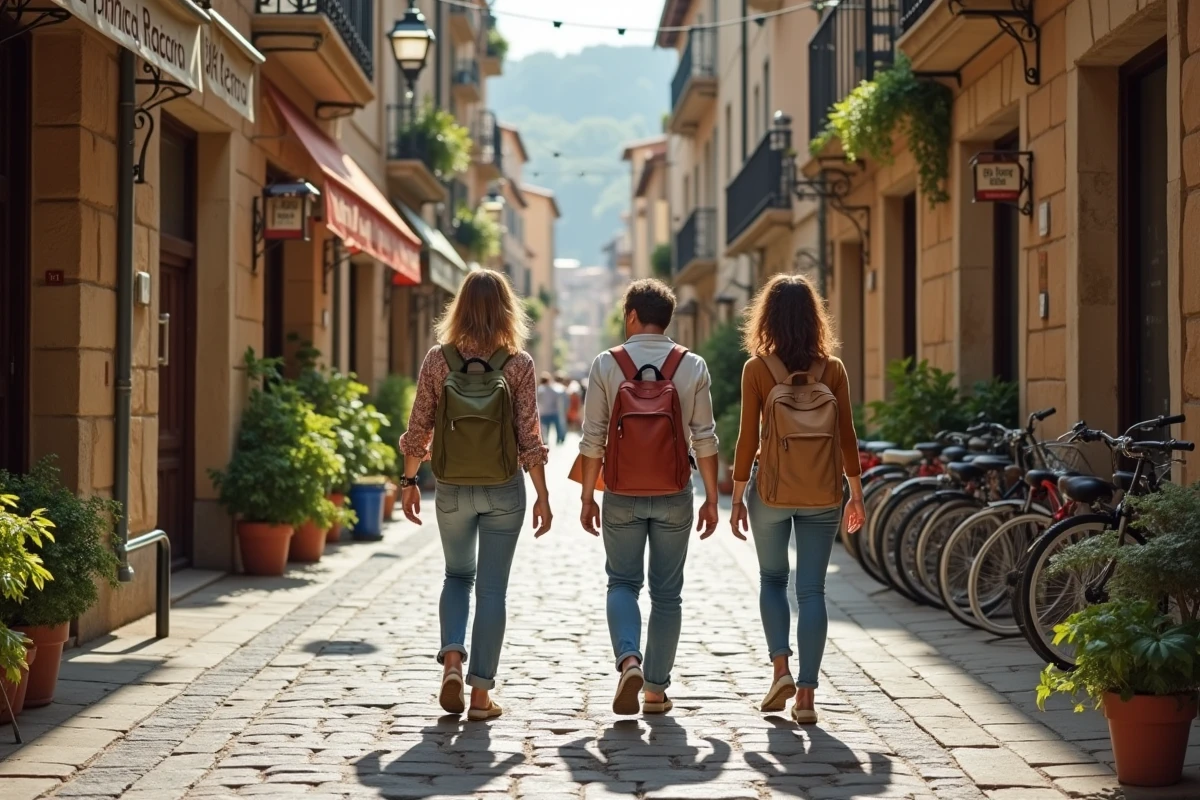 Touristes explorant une rue piétonne écologique dans une ville pionnière de l'écotourisme