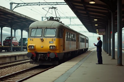 Train Motorail avec wagons porte-autos en gare française, employé SNCF en uniforme vérifiant les documents sur le quai