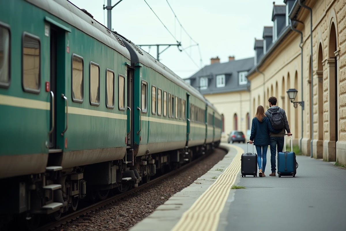 Train SNCF avec wagon porte-voitures en gare régionale française, couple de voyageurs sur le quai
