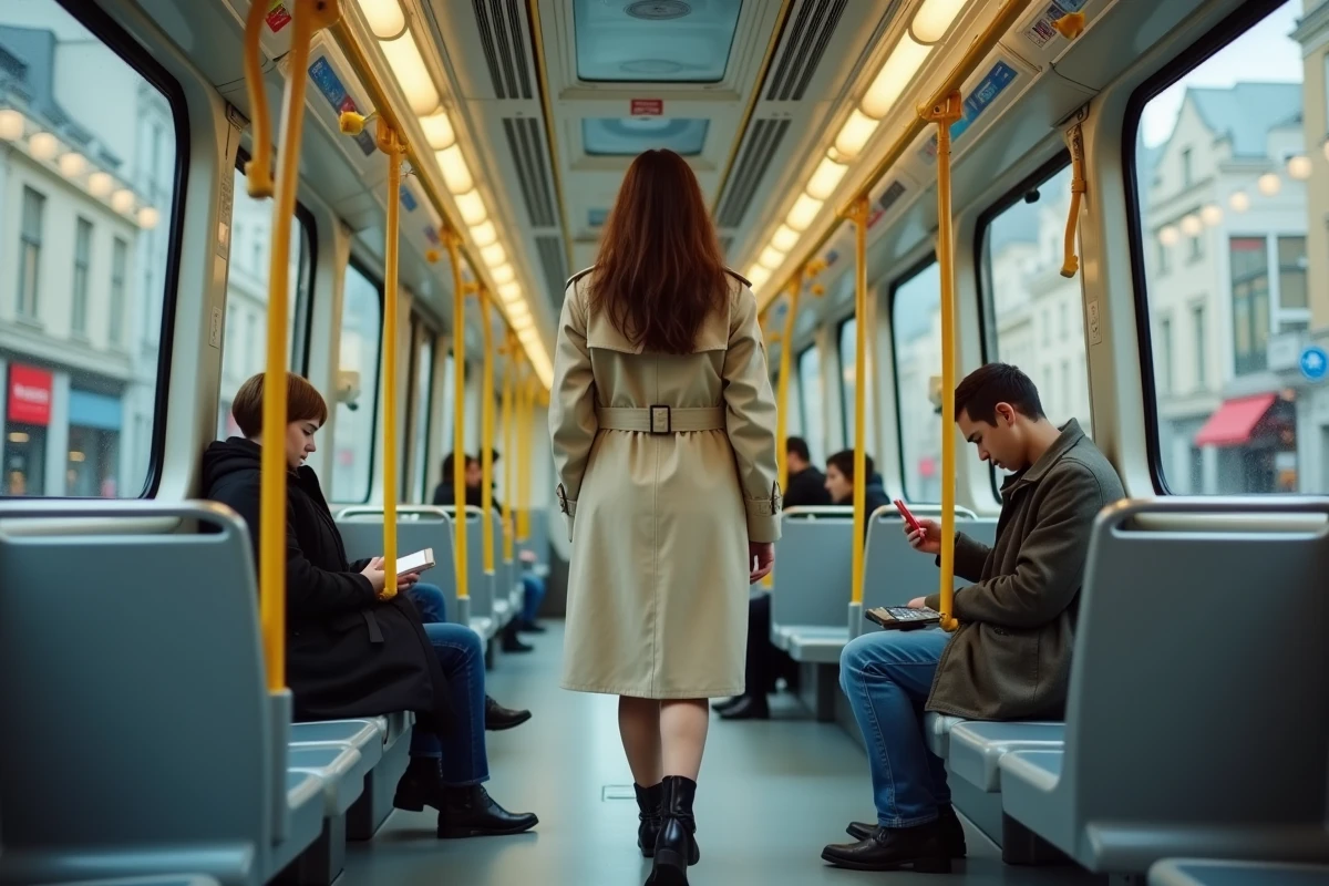 Femme en manteau beige debout dans un tramway moderne avec vue panoramique sur la ville