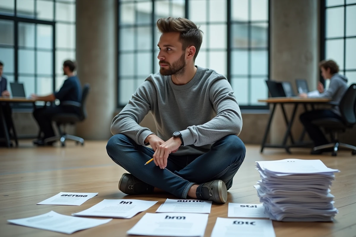Homme triant des documents par catégories d'activités sur le sol d'un espace de coworking moderne