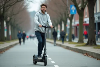 Homme trentenaire roulant en trottinette électrique sur une piste cyclable urbaine moderne